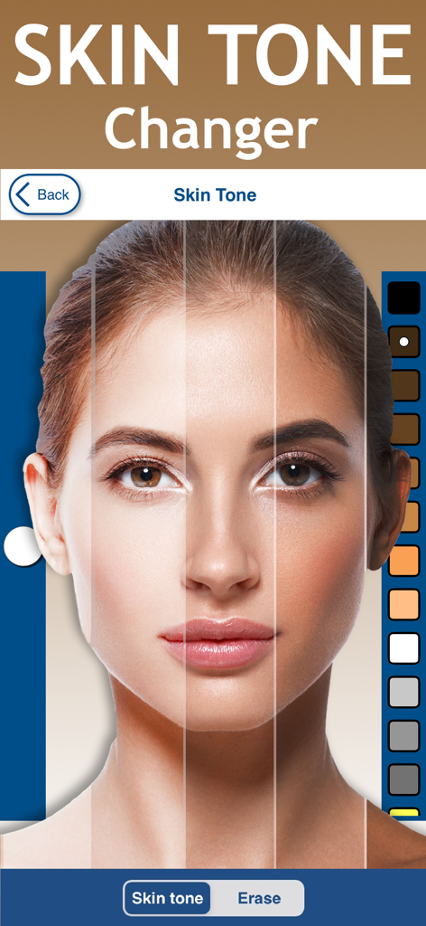 Il viso di una donna diviso in diverse tonalità di pelle a dimostrazione della funzione cambia tonalità della pelle nell'app Perfect Face Photo Editor.