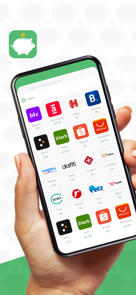A smartphone displaying the MyCashBack Brasil app interface with a list of partner stores and their respective cashback percentages