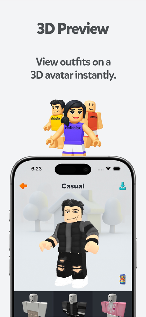 Una vista previa en 3D de un atuendo de avatar de Roblox casual dentro de la aplicación creadora de skins ClothBlox.