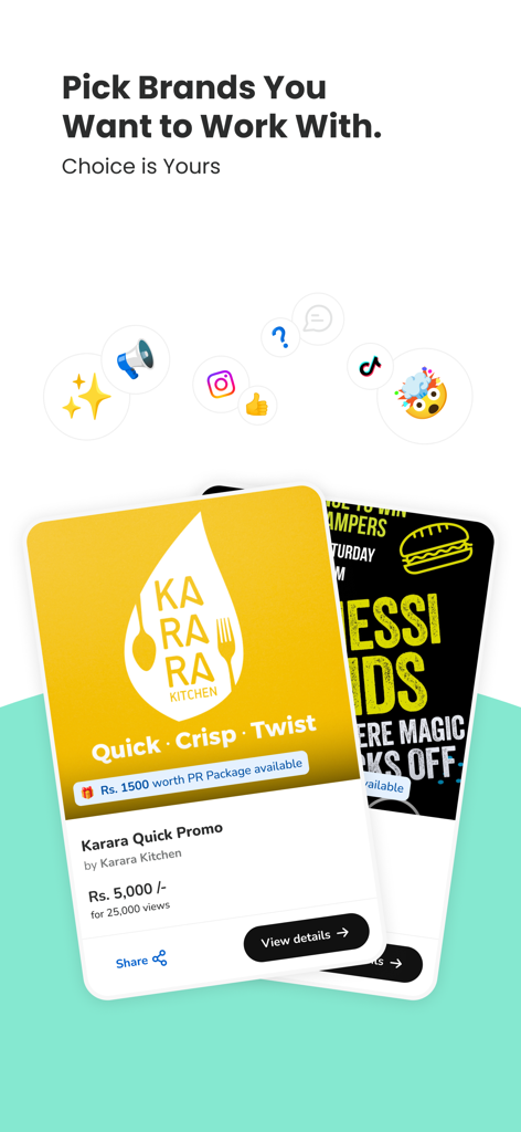 Uptrendly app display showing creators how to pick brands and view campaign details