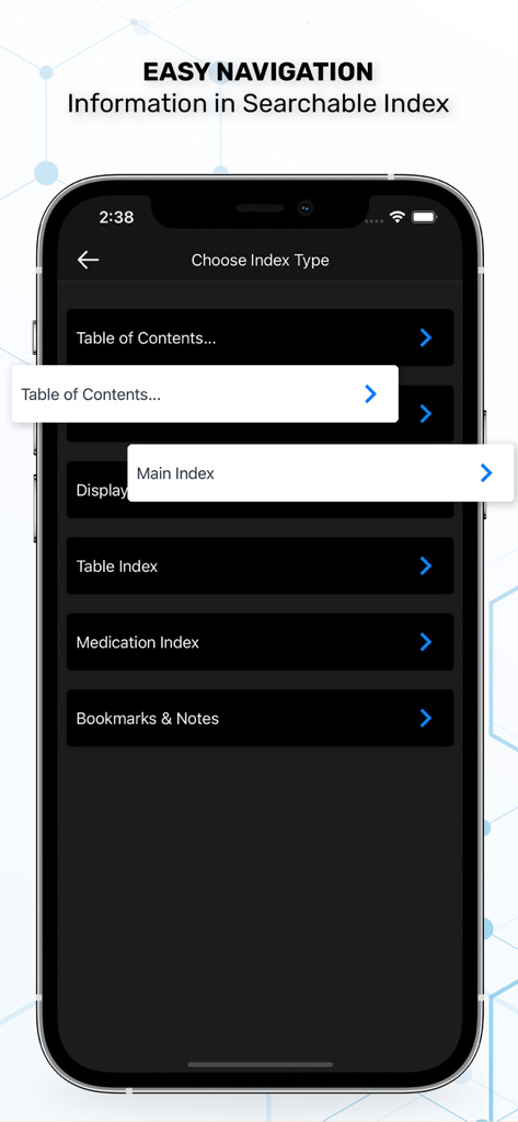 Nurse Guide Clinical Procedure app interface showing various index types for easy navigation like Table of Contents and Medication Index
