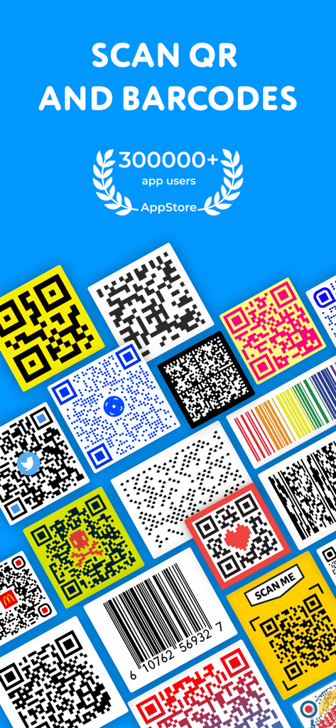 Intro screen for the QR and Barcode Scanner app featuring various colorful codes and user milestones