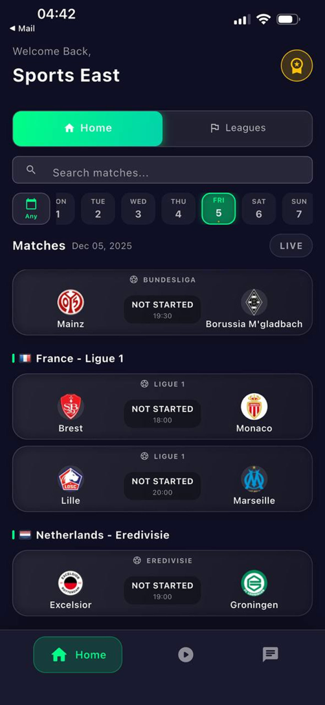 Yacine Tv: Buz Tv Score Iptv - Pantalla de la aplicación móvil que muestra los horarios de partidos de fútbol diarios para ligas internacionales, incluyendo Bundesliga y Ligue 1.