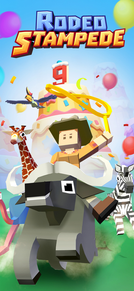 Rodeo Stampede: Sky Zoo Safari - Voxel style cowboy riding a buffalo in a Rodeo Stampede 9th anniversary celebration with a giant cake