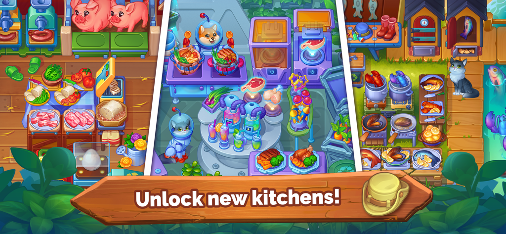 Farming Fever - Cooking game - Exhibición de múltiples cocinas temáticas para desbloquear en el juego móvil Farming Fever.
