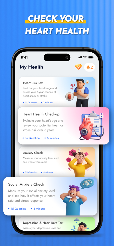 Health AI - Blood Pressure Log - iPhone screen displaying various heart health and anxiety assessments in the Health AI app interface