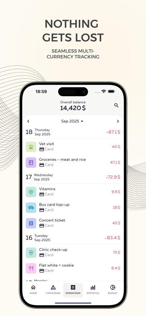 Finance Tracker: Money Control - Interfaz de la aplicación móvil que muestra una lista de transacciones financieras diarias y categorías de gastos con un saldo general