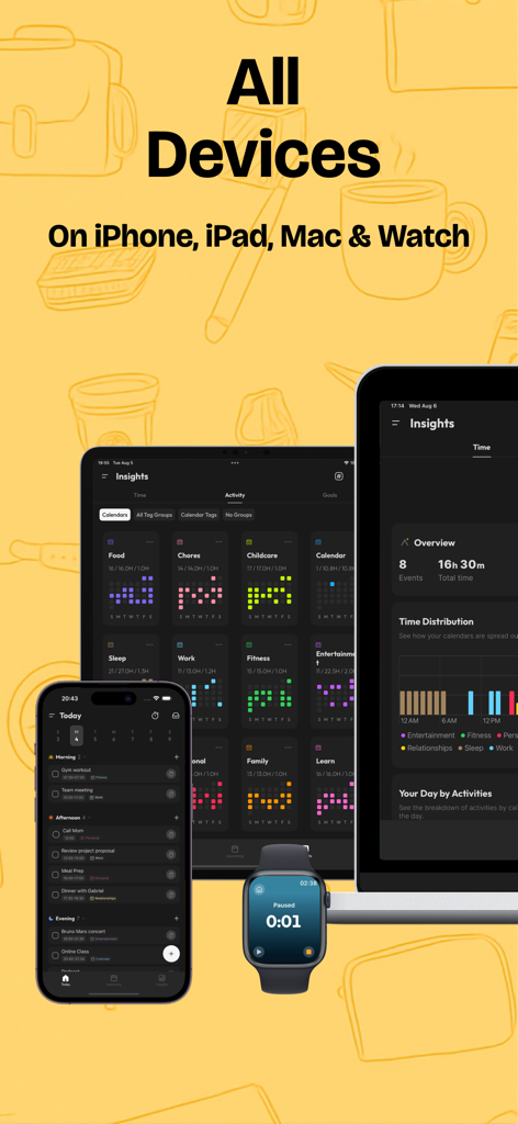 Calflow: Planner & Tracker - Interfaz de la aplicación Calflow mostrada en iPhone, iPad, Apple Watch y Mac mostrando tareas e información sincronizadas.