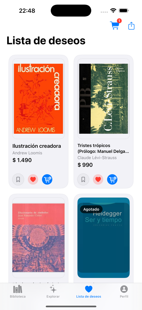 Tremendos Libros - The Tremendos Libros app wishlist screen displaying book titles such as Ilustración creadora and Tristes trópicos with prices and shopping cart icons.
