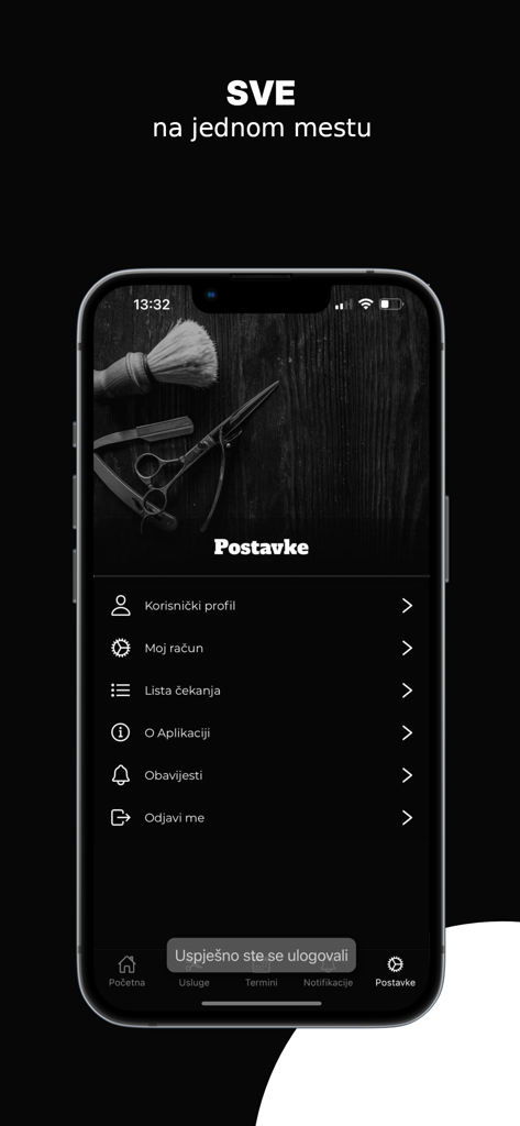 Alen's Barbershop - Alens Barbershop app settings screen with options for user profile account and notifications