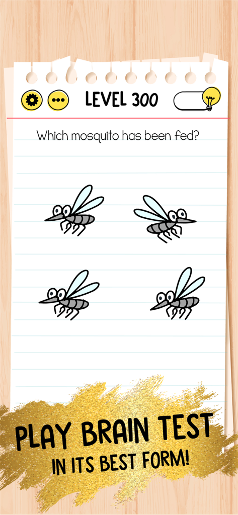 Brain Test Premium niveau 300 énigme difficile du moustique sur un fond de papier à cahier