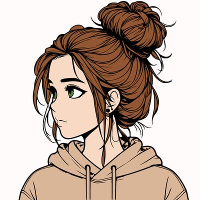 realistic girl woth a messy bun wearing a hoodie