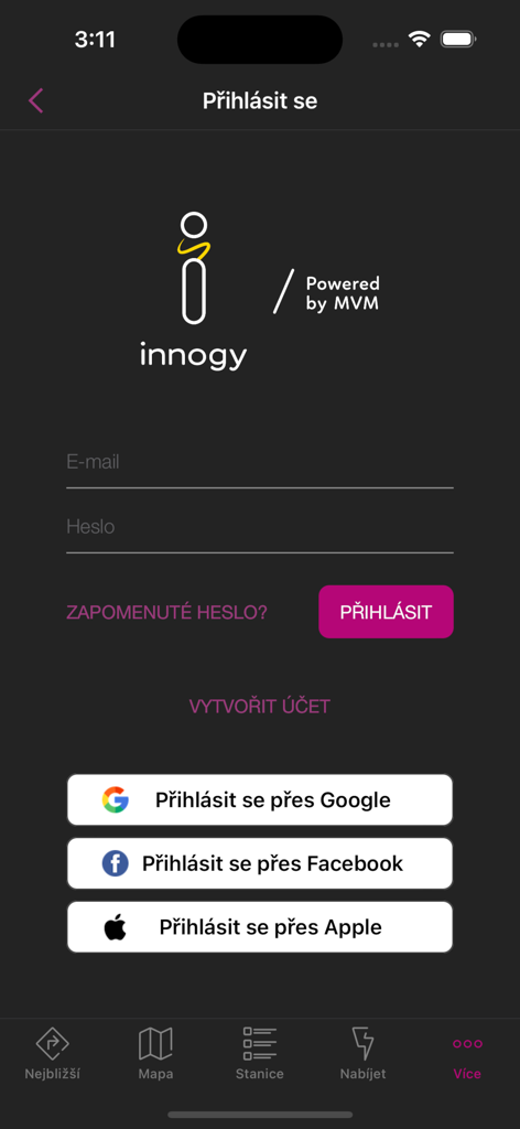 Login screen of the innogy Charge app showing social sign-in options for Google Facebook and Apple