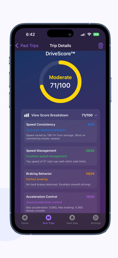DriveMind: Dash Cam & Mileage - DriveMind app interface showing a DriveScore of 71 and a detailed trip performance breakdown for speed, braking, and acceleration