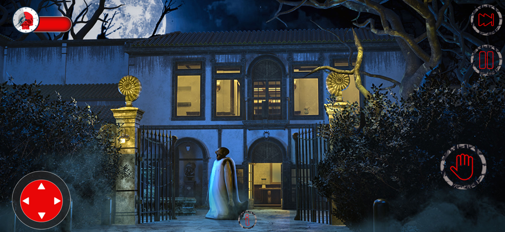 Scary Granny Nun House 3D Game - Una monja fantasma espeluznante de pie fuera de una mansión embrujada por la noche en el juego Scary Granny Nun House 3D.