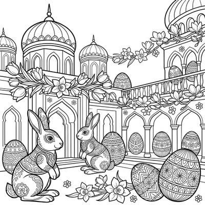 Step into an enchanting Easter palace adorned with magnificent bunnies and beautifully decorated eggs. This delightful coloring page offers a serene and engaging activity perfect for seniors.