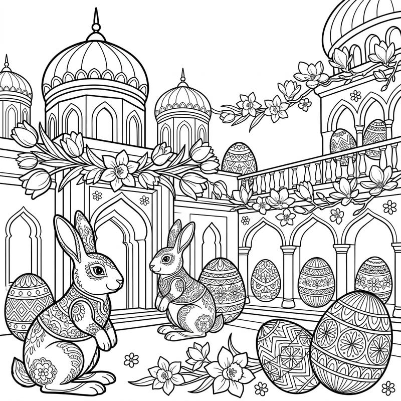 Step into an enchanting Easter palace adorned with magnificent bunnies and beautifully decorated eggs. This delightful coloring page offers a serene and engaging activity perfect for seniors.