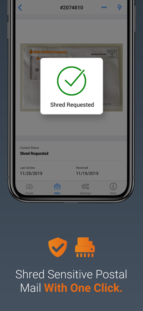 Anytime Mailbox Virtual Mail - A mobile interface of the Anytime Mailbox app showing a confirmation message for a mail shredding request