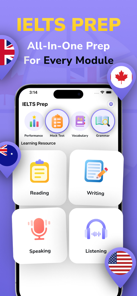 IELTS Exam Practice Test Prep - Panel de la aplicación de práctica de exámenes IELTS que muestra módulos de estudio para lectura, escritura, expresión oral y comprensión auditiva
