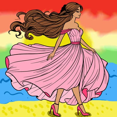 realistic woman in a dress flowing in the wind