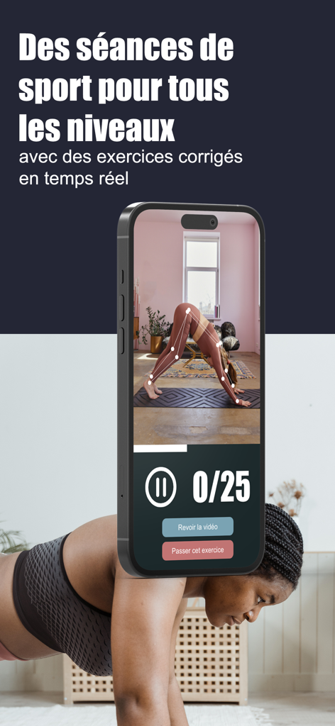 Morphit - Morphit app on an iPhone screen displaying real-time AI movement tracking and correction during a yoga session.