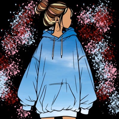 realistic girl with a oversized sweatshirt on and a bun