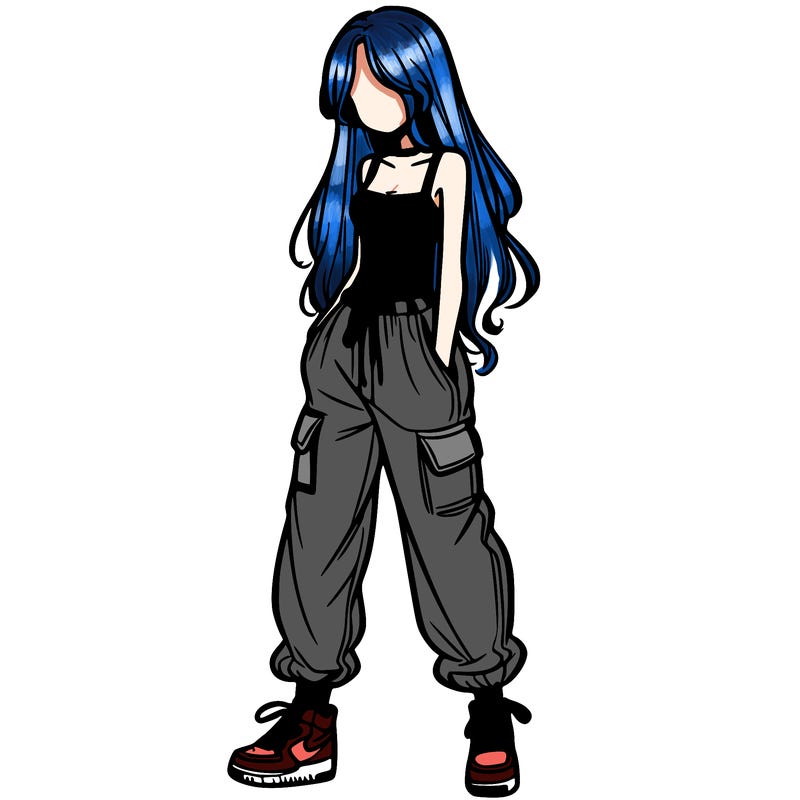 girl in baggy pants crop top and long hair