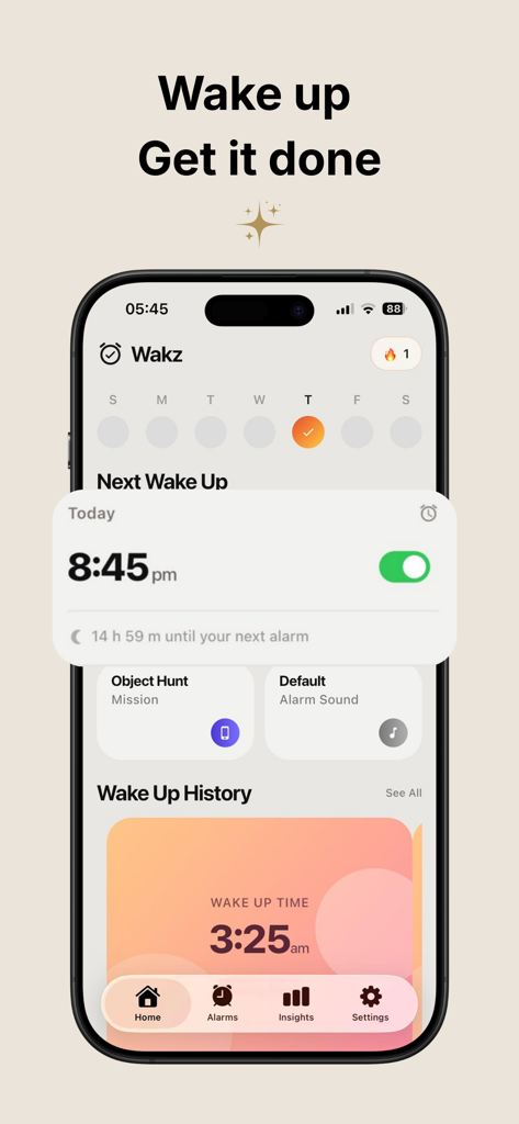 Wakz app dashboard displaying next alarm time and morning mission settings
