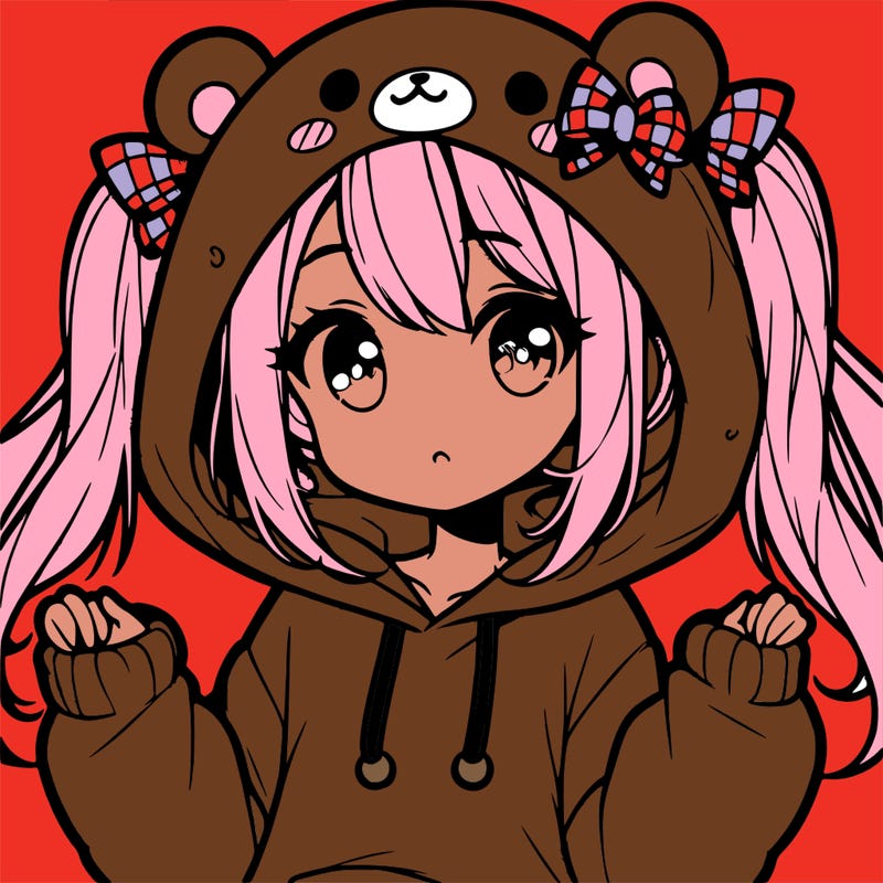 cute anime girl with ponytails and a cute bear hoodie
