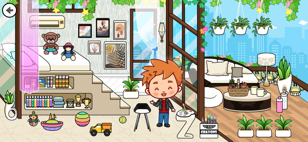 Tizi Modern Home Design Games - Un niño de dibujos animados en un dormitorio de loft elegantemente decorado con un balcón y vistas a la ciudad