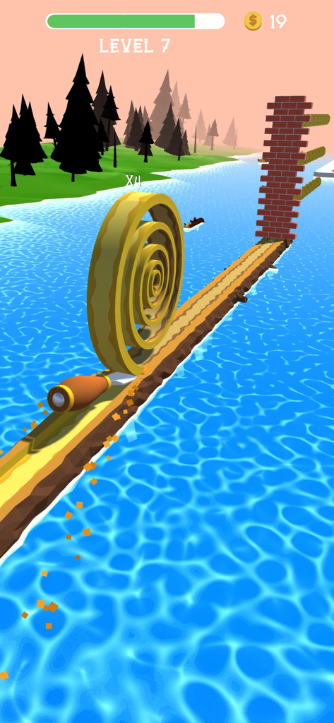 Gameplay von Spiral Roll, das ein Werkzeug zeigt, das eine Holzspirale schnitzt, um eine Ziegelmauer-Hindernis zu zerstören