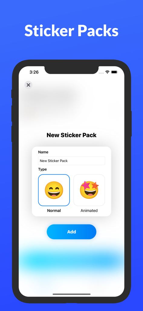 Sticker Maker: Make & Create - Interface for creating a new sticker pack with options for normal and animated stickers.