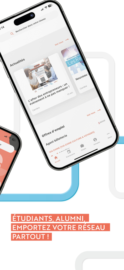 UniCA & moi - Smartphone screen displaying the UniCA & moi professional networking app for students and alumni featuring news and job offers.