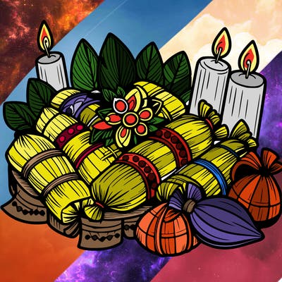 a festive presentation of tamales wrapped in banana leaves with colorful decorations.