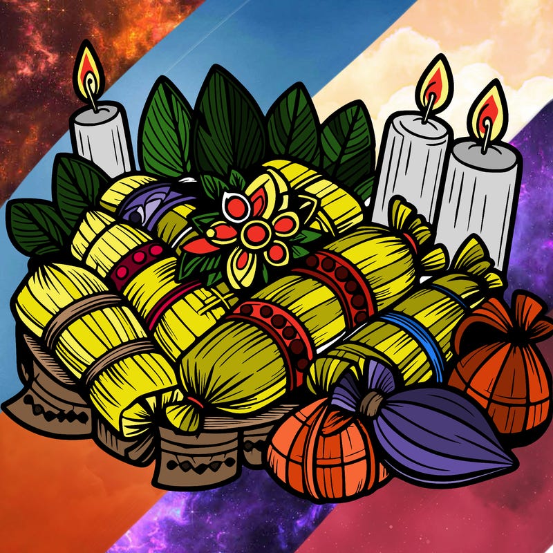 a festive presentation of tamales wrapped in banana leaves with colorful decorations.