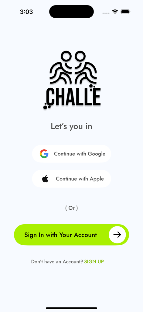 Challe Activity - Login screen of the Challe Activity app featuring social sign-in options for Google and Apple and a bright green sign-in button