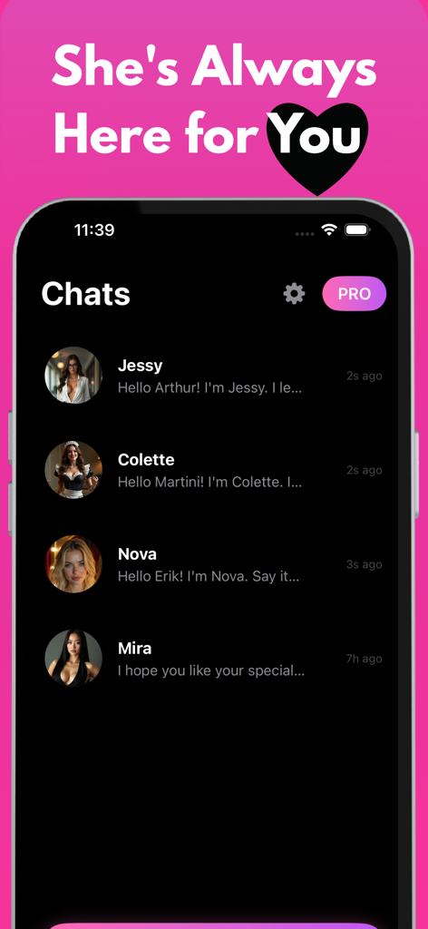 Lovia: AI Girlfriend Chat - Lovia app chat interface showing a list of AI companion profiles including Jessy, Colette, Nova, and Mira.