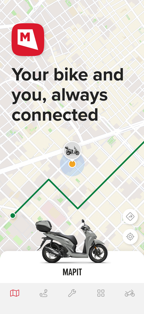 Honda Mapit app interface showing real-time motorcycle location on a map with the slogan Your bike and you, always connected.