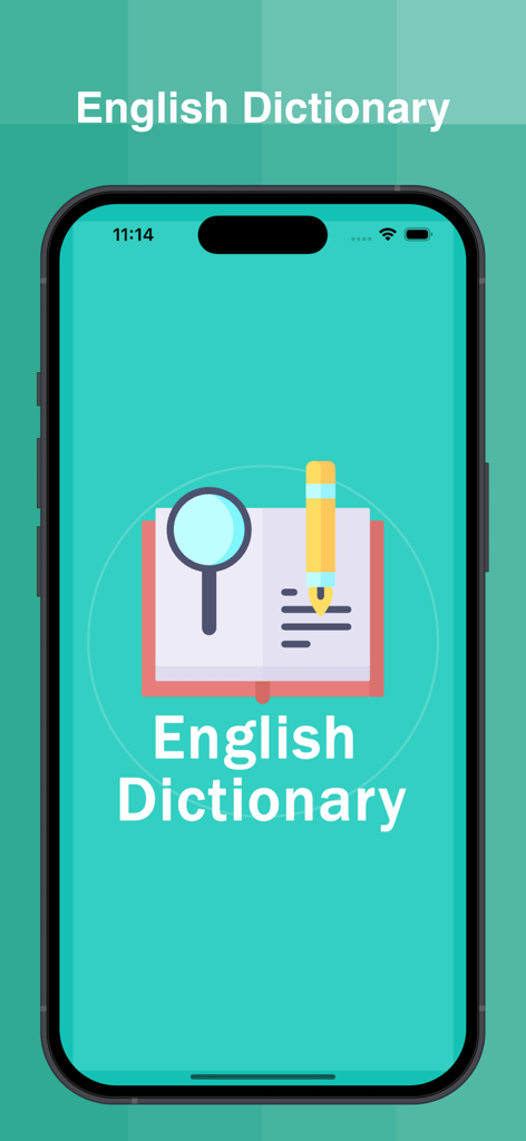 English Dictionary Offline app splash screen showing a mobile phone with a book and magnifying glass icon on a teal background