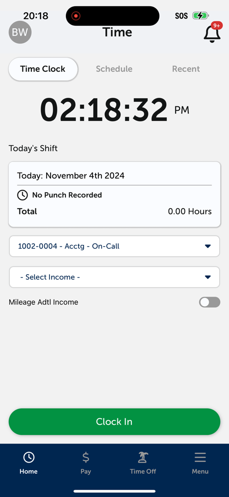 eSELFSERVE - The time clock screen of the eSELFSERVE mobile app featuring a large digital clock and a green clock in button