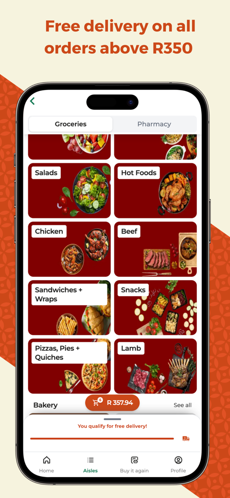 Zulzi app screen displaying grocery aisles and a notification for free delivery on orders over R350.