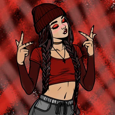 realistic teenage girl with braids and a beanie and crop top doing 🫶🏼