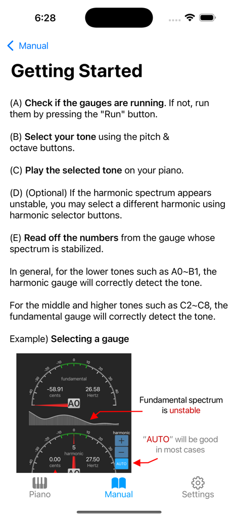 Piano Doctor - A Piano Tuner - A screenshot of the Getting Started page in the Piano Doctor app showing tuning instructions and gauge examples.
