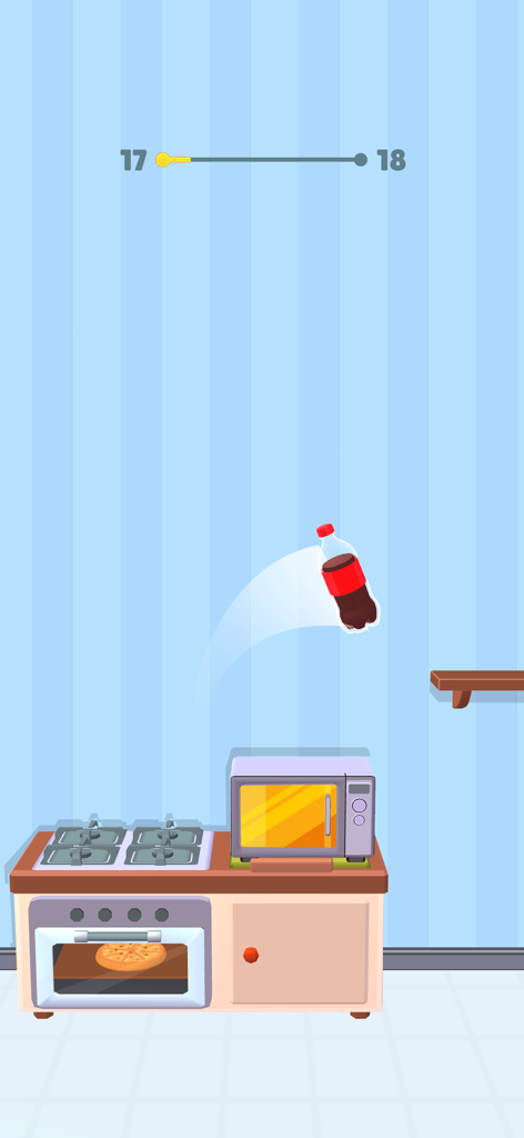 Flip the Bottle: Jump Bottle - A soda bottle flipping over a microwave and stove in the kitchen level of Flip the Bottle game