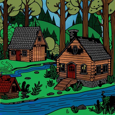 houses in the wood by a river