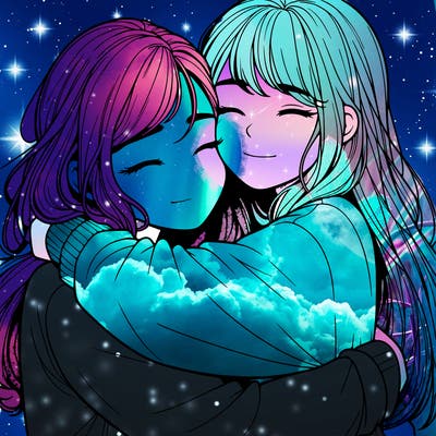 realistic two girls hugging