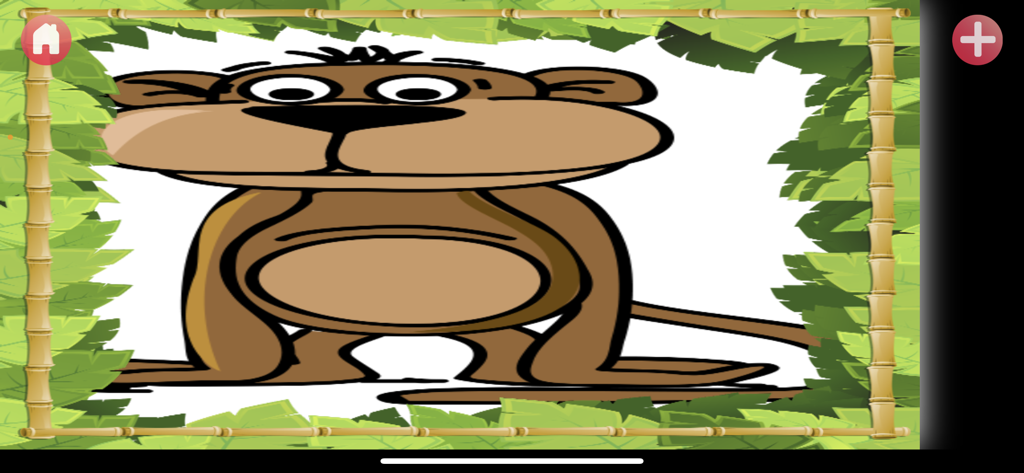 Speak Up Too - speech fun - Un personaje de mono de dibujos animados dentro de un marco de bambú y hojas de jungla en la interfaz de la aplicación Speak Up Too.