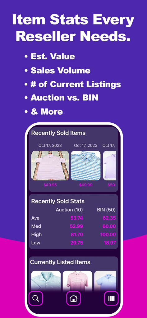 Thrift - Ebay & Seller Tools - ThriftMagic app interface showing recently sold item statistics and price comparisons for eBay resellers