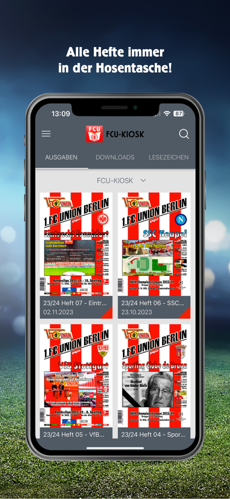 FCU KIOSK - A smartphone screen showing the FCU KIOSK app interface with digital matchday programs for 1. FC Union Berlin.