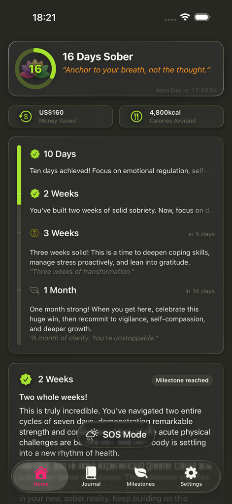 Simple Sober Tracker - The home screen of the Simple Sober Tracker app showing sixteen days sober and health statistics